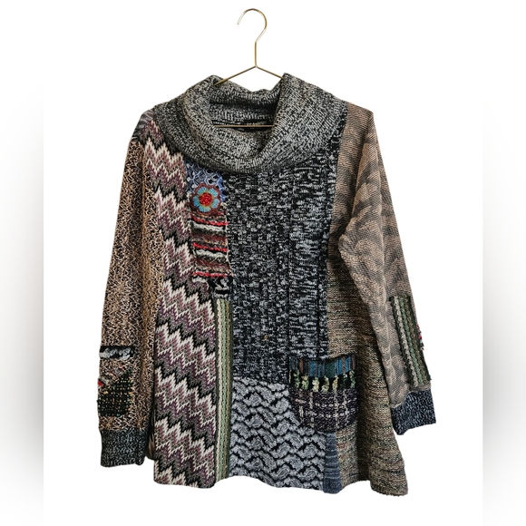 Lee Andersen Art-to-Wear Mixed Media Cowl-Neck Knit Sweater Size L - Picture 1 of 6